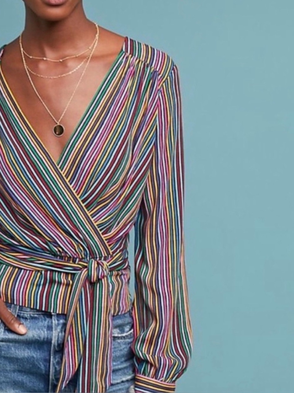 Anthropologie/Maeve Lisa Wrap Striped Blouse with Tie